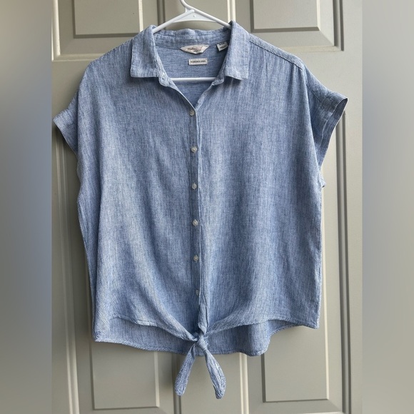 Weatherproof Tops - Weatherproof Vintage Washable Linen Striped Button Tie Hem Top Size S Lagenlook